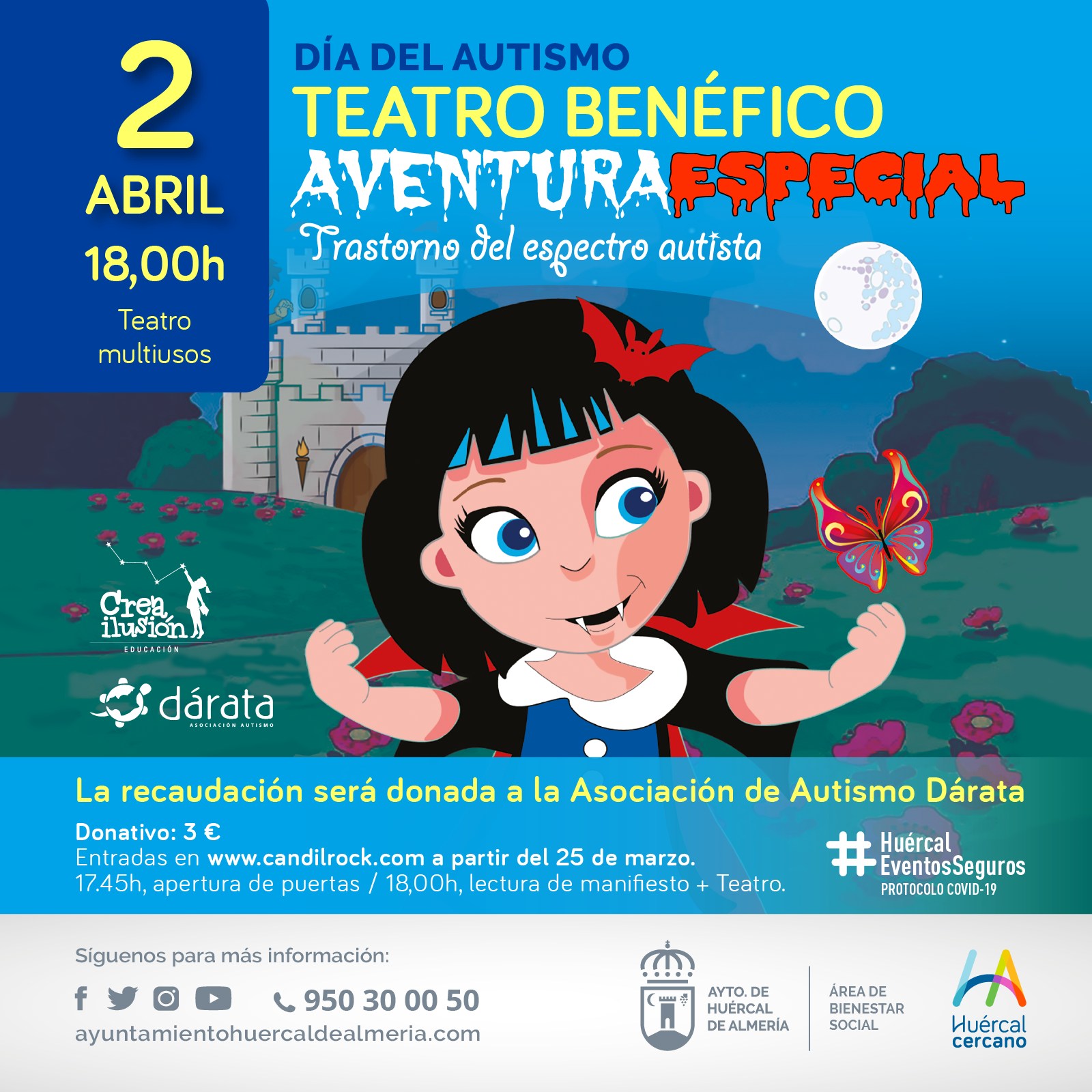 Teatro Benefico - Aventura Espacial - Darata El próximo 2 de abril, celebramos el Día del Autismo con una obra benéfica de teatro para todos los públicos, 'Aventura Especial', cuya recaudación será donada a la Asociación de Autismo Dárata. ? Teatro Multiusos de Huércal de Almería ? 18:00 horas ? Donativo: 3 euros, destinado a la Asociación de Autismo Dárata. A partir del 25 de marzo en www.candilrock.com #DíadelAutismo #HuércalEventosSeguros #HuércalCercano